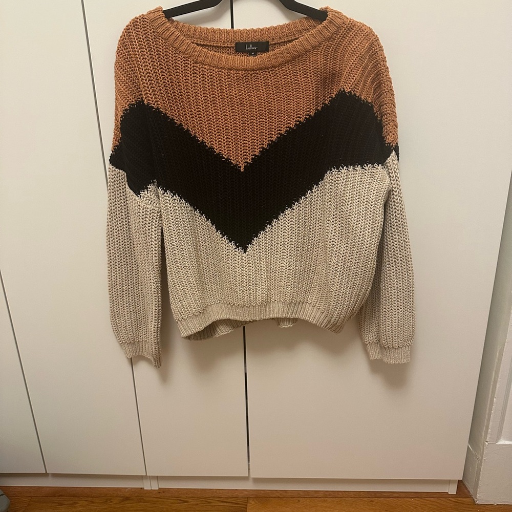Lulu's Women's Chevron Knit Sweater - Tan, Black, Cream